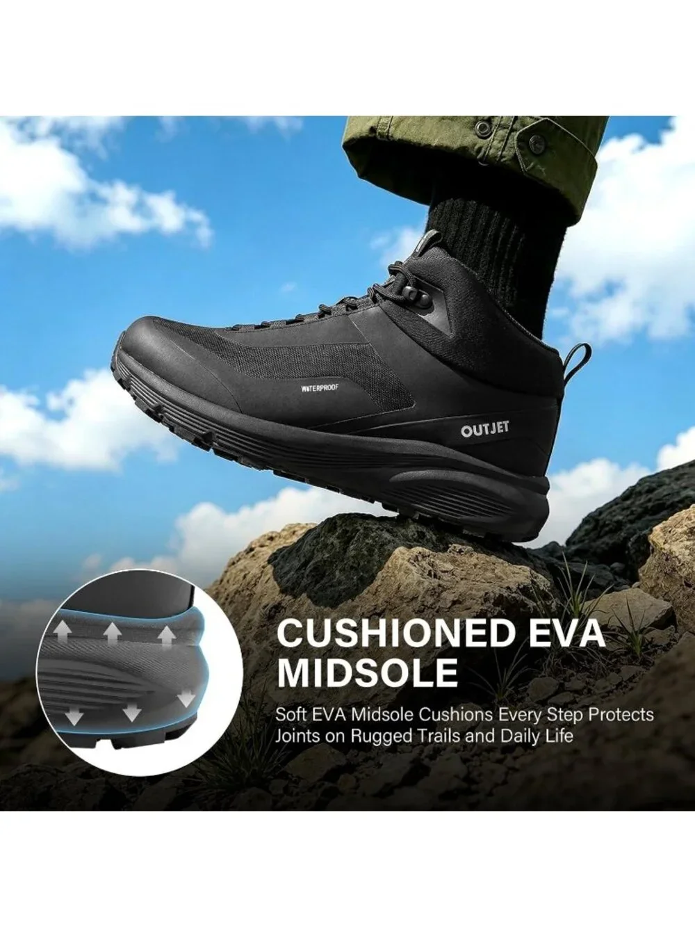 Men's Black Waterproof Shoes Casual Solid Mid Top Cap Toe Non Slip Hiking Boots